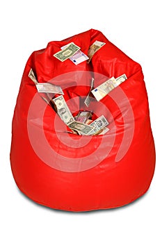 Red colored bean bag with currency notes