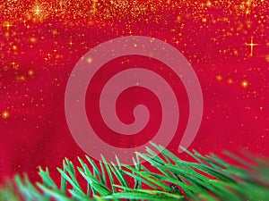 Red colored christmas background with stars falling and Christmas tree branch in green.