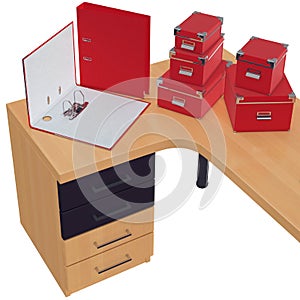 Red colored office folders and paper boxes. 3d