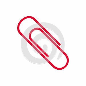 Red colored office paper clip attachment flat style icon sign vector illustration isolated on white background.