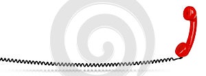 Red colored old fashioned retro phone reciever with black telephone wire isolated white background with copy space. business