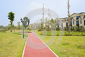 Red-colored path in grassy lawn along fenced houses