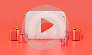 Red colored round play button on pastel background. Concept of video icon logo for gift giving day, audio playback. 3d rendering