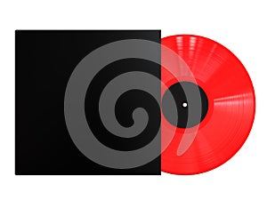 Red Colored Vinyl Disc Mock Up. Vintage LP Vinyl Record with Black Cover Sleeve and Black Label Isolated on White Background.