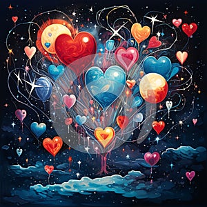Red and colorful hearts on the background of the moon in the shape of a heart at night. Heart as a symbol of affection and love