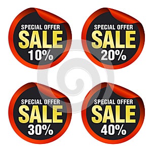 Red colorful sale stickers set 10%, 20%, 30%, 40% off