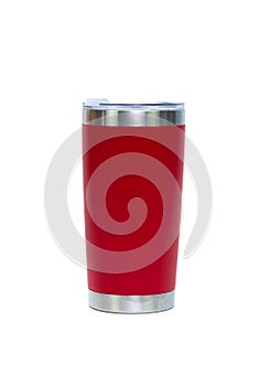 Red colour stainless steel tumbler or cold and hot storage cup isolated on white background