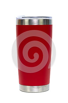 Red colour stainless steel tumbler or cold and hot storage cup isolated on white background photo