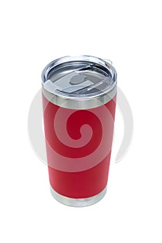 Red colour stainless steel tumbler or cold and hot storage cup isolated on white background