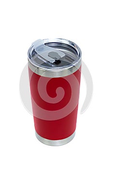 Red colour stainless steel tumbler or cold and hot storage cup isolated on white background