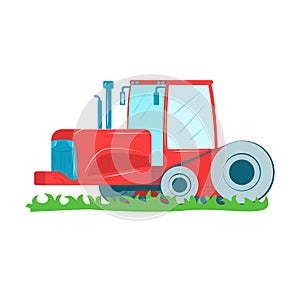 Red combine harvester green grass. Farming agricultural machinery crop harvesting. Flat