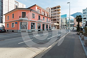 Red commercial building just renovated in the city