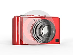 Red compact digital photo camera with black lens