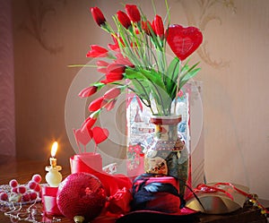 Red composition with hearts, flowers, love