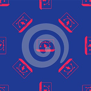 Red Computer display with vector design program icon isolated on isolated seamless pattern on blue background. Photo