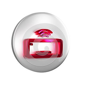 Red Computer keyboard icon isolated on transparent background. PC component sign. Silver circle button.