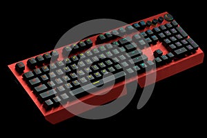 Red computer keyboard with rgb colors isolated on black background.