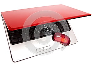 Red computer mouse and red notebook