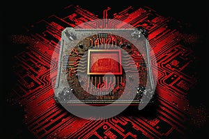 Red computer processor on black background, created using generative ai technology