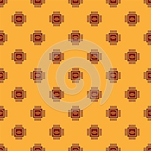 Red Computer processor with microcircuits CPU icon isolated seamless pattern on brown background. Chip or cpu with