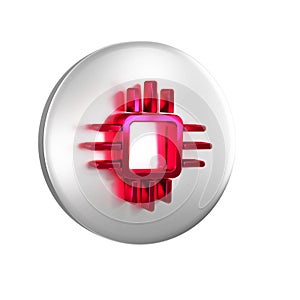 Red Computer processor with microcircuits CPU icon isolated on transparent background. Chip or cpu with circuit board