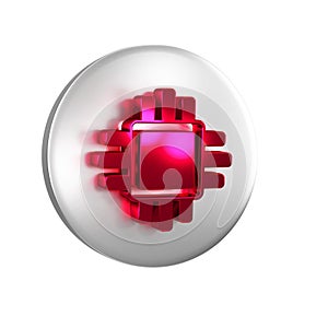 Red Computer processor with microcircuits CPU icon isolated on transparent background. Chip or cpu with circuit board