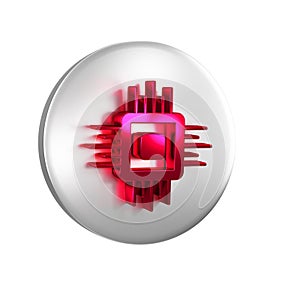 Red Computer processor with microcircuits CPU icon isolated on transparent background. Chip or cpu with circuit board