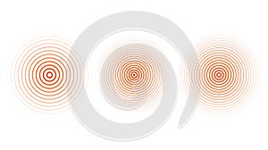 Red concentric ripple circles set. Sonar or sound wave rings collection. Epicentre, target, radar icon concept. Radial