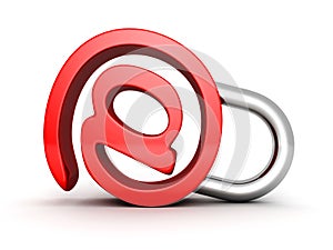 Red concept email symbol security padlock on white background