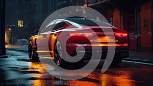 A red concept sports car parked on a street during night. Generative AI