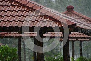 Red concrete rooftops in the rain unique photo