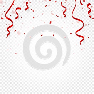 Red confetti, serpentine or ribbons falling on white transparent background vector illustration. Party, festival, fiesta