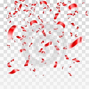 Red confetti on transparent background. Celebration of happy events. Birthday party background. Vector illustration