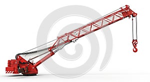A red construction crane with an extended arm and large hook on a white background. The crane