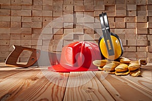 Red Construction Helmet Yellow Protective Earphones Leater Working Gloves Classic Handsaw With Wooden Handle. On Background Of photo