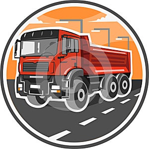 Red construction truck vector image in circle with road and highway landscape during driving