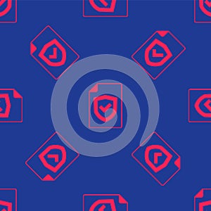 Red Contract with shield icon isolated seamless pattern on blue background. Insurance concept. Security, safety