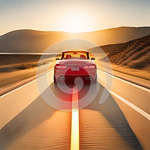 Red convertible car driving on a road into the sunset