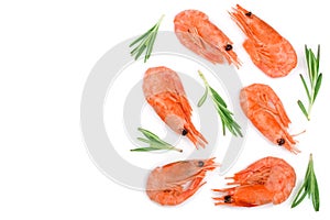 Red cooked prawn or shrimp with rosemary isolated on white background with copy space for your text. Top view. Flat lay