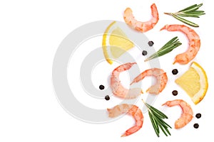 Red cooked prawn or shrimp with rosemary and lemon isolated on white background with copy space for your text. Top view