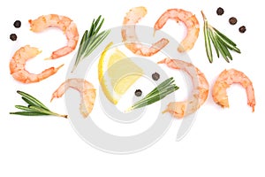 Red cooked prawn or shrimp with rosemary and lemon isolated on white background with copy space for your text. Top view