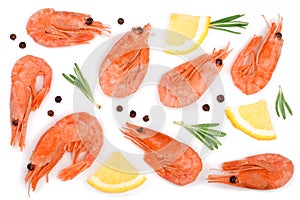 Red cooked prawn or shrimp with rosemary and lemon slice isolated on white background. Top view. Flat lay