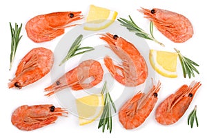 Red cooked prawn or shrimp with rosemary and lemon slice isolated on white background. Top view. Flat lay