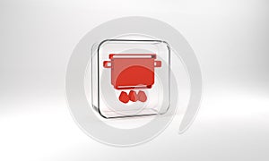 Red Cooking pot on fire icon isolated on grey background. Boil or stew food symbol. Glass square button. 3d illustration