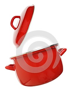 Red cooking pot flying isolated on white transparent background