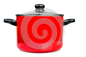 Red cooking pot wit glass lid photo