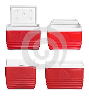 Red cool box isolated on white, set