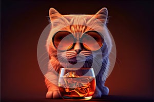 Red cool cat in sunglasses with a glass of whiskey on an empty dark red orange background, logo