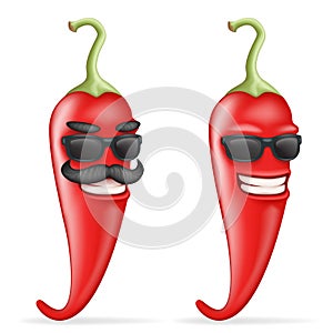 Red cool hot chili pepper sunglasses mustache happy character realistic 3d cartoon design vector illustration