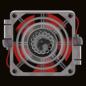 Red cooling system fan behind gray metal grille